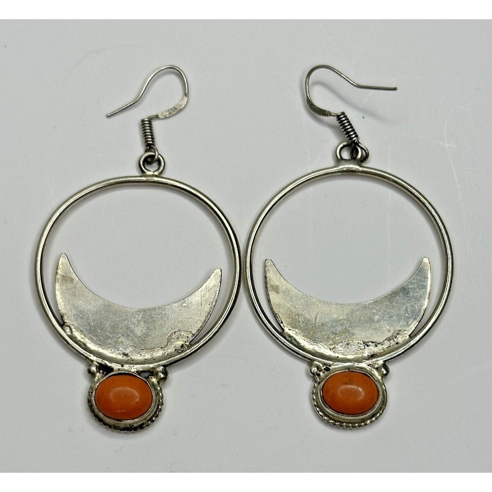 Sterling Silver Earrings Orange Coral Crescent Moon Shape Dangle Hook Round 925